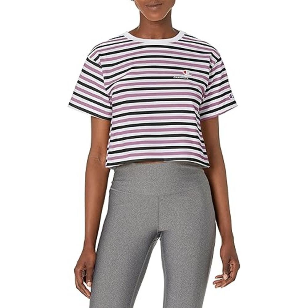 NEW Champion Women's Heritage Cropped Tee AOP Grey Stripe WL956P551260 Size XL